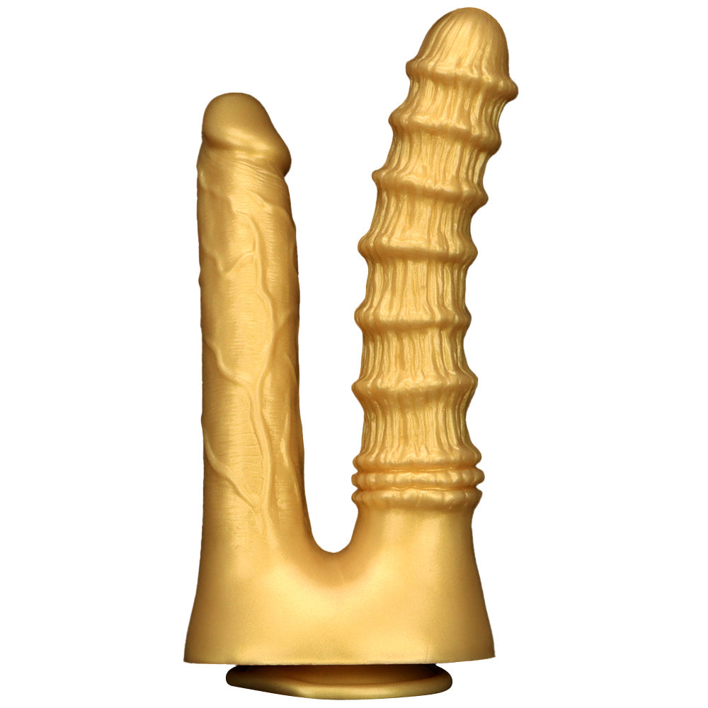 Gode Double Pénétration en Silicone Doré Nervuré
