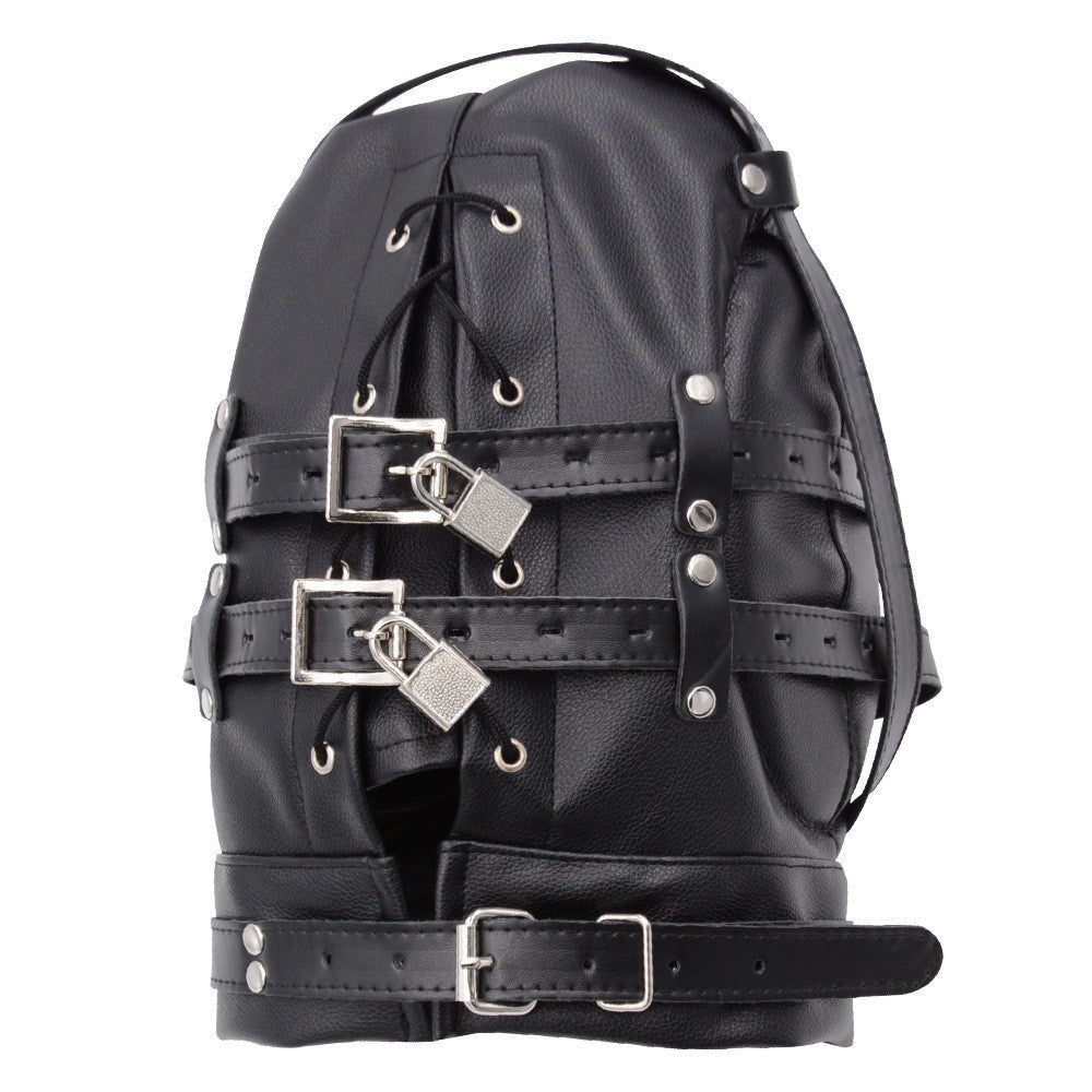 Cagoule Bondage BDSM en Cuir avec Masque Bâillon Gode