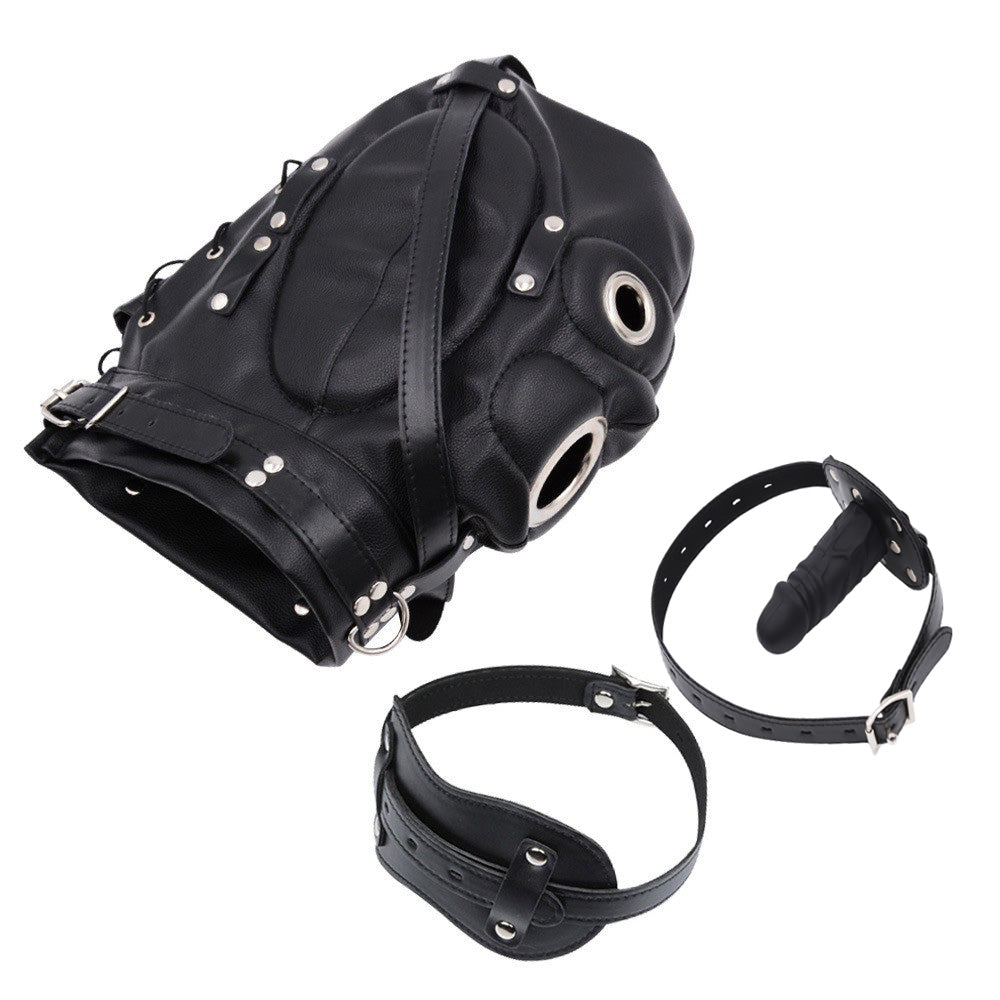 Cagoule Bondage BDSM en Cuir avec Masque Bâillon Gode