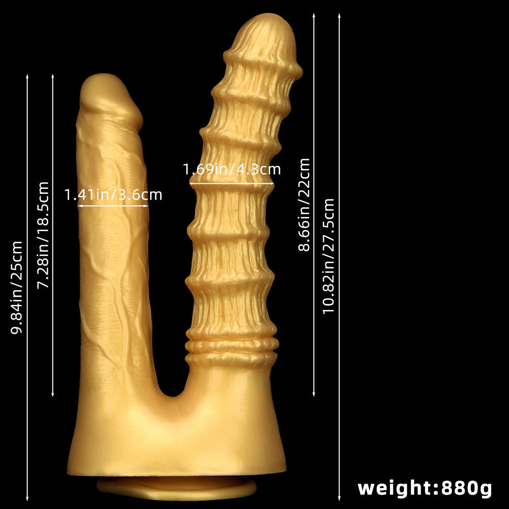 Gode Double Pénétration en Silicone Doré Nervuré