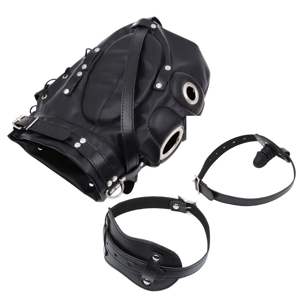 Cagoule Bondage BDSM en Cuir avec Masque Bâillon Gode