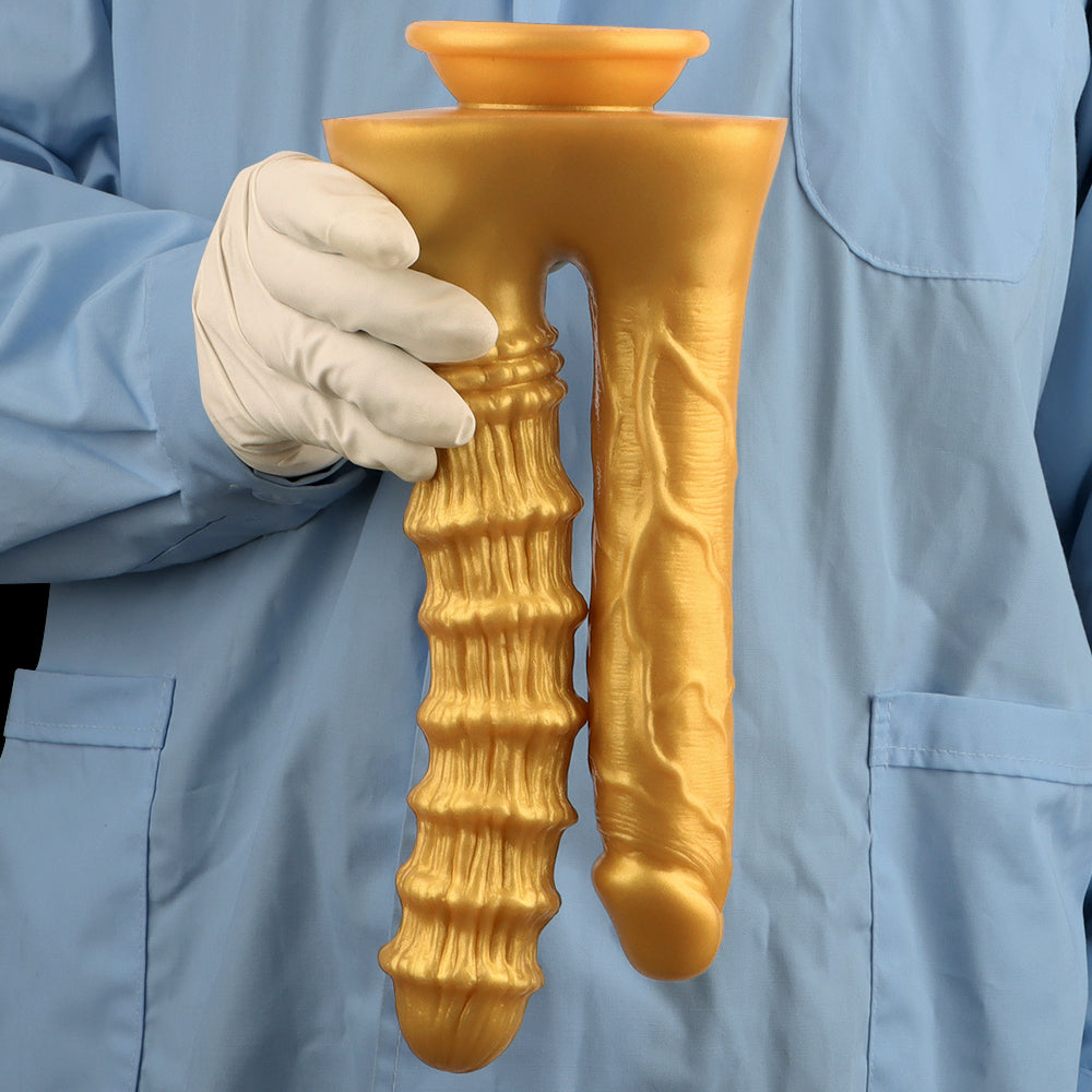 Gode Double Pénétration en Silicone Doré Nervuré
