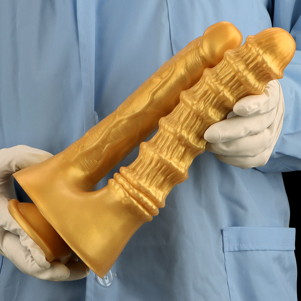 Gode Double Pénétration en Silicone Doré Nervuré