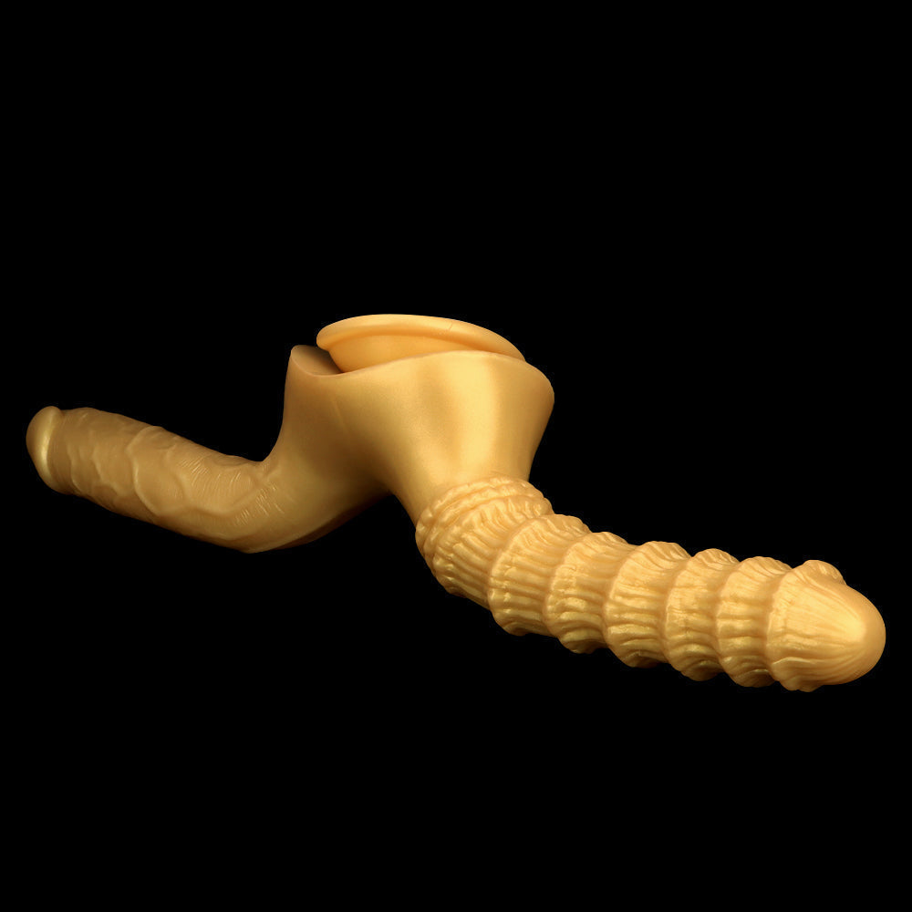 Gode Double Pénétration en Silicone Doré Nervuré