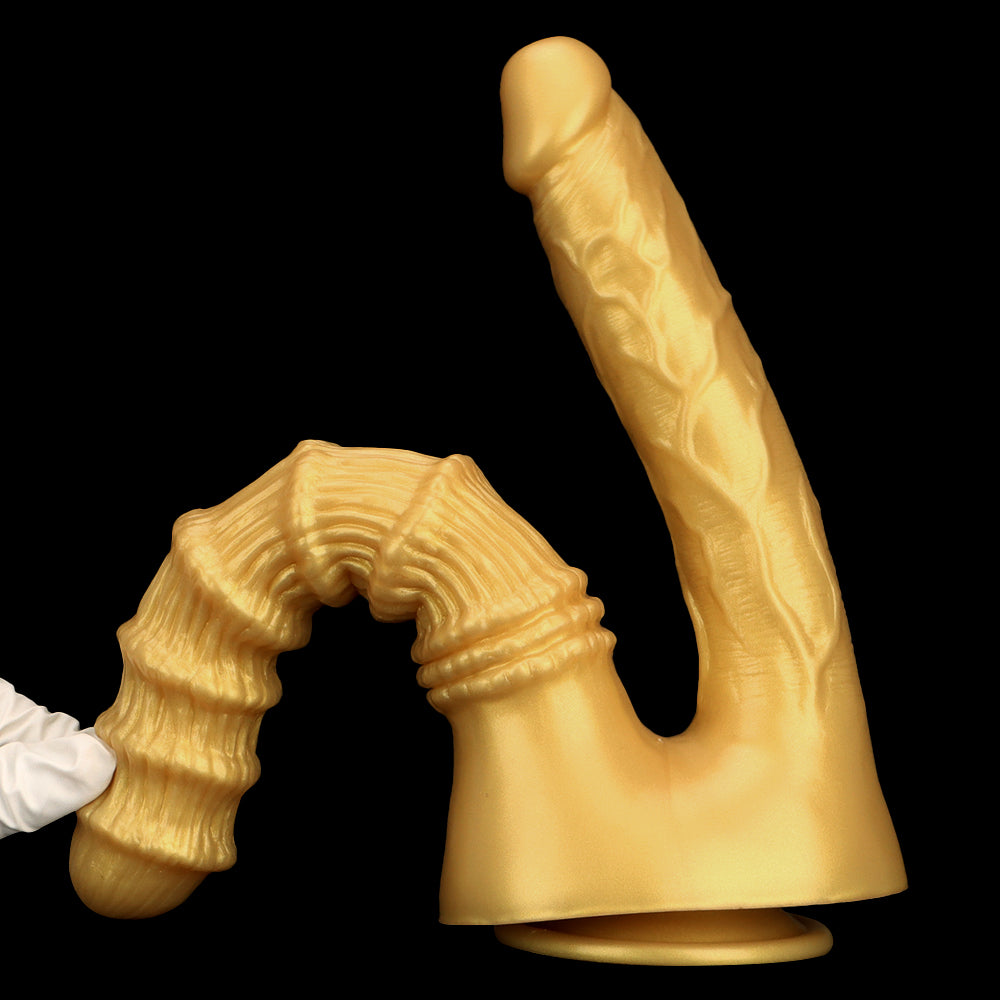 Gode Double Pénétration en Silicone Doré Nervuré