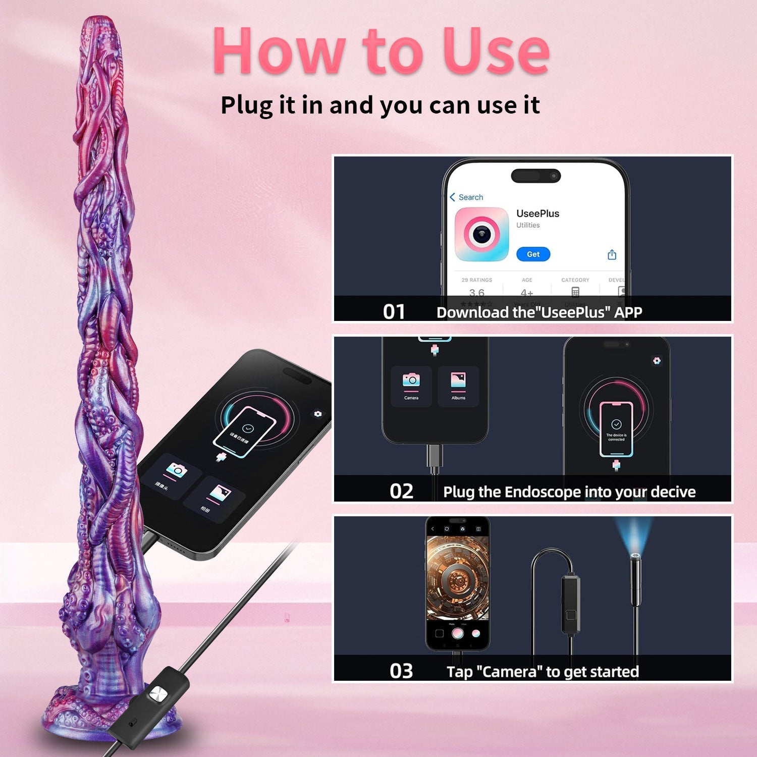 50,5 Cm Plug Anal Caméra APP Tentacule Monstre Extra Long