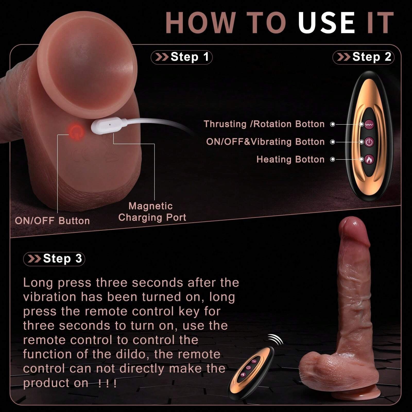24,1 cm 3-en-1  Réaliste Gode Va-et-Vient Vibrant