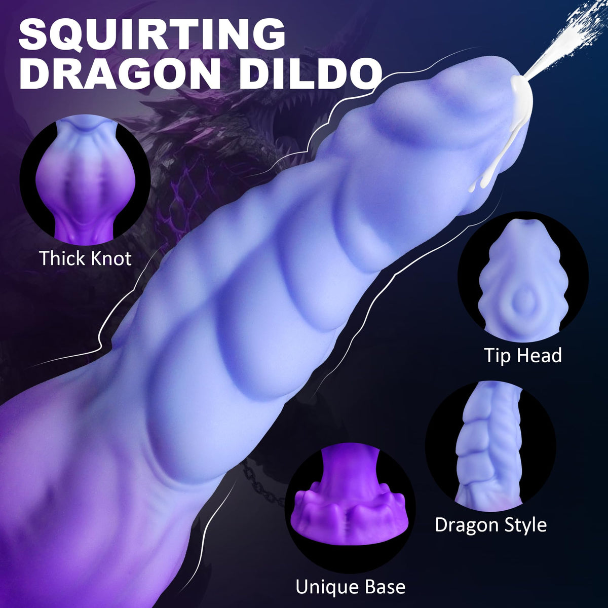 Gode Dragon Éjaculateur Violet en Silicone Souple 20,6 cm